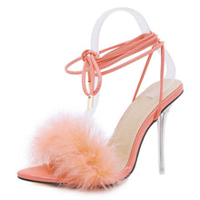 Load image into Gallery viewer, summer shoes woman pointed toe snake print high heels sexy feather women sandals ankle cross strap transparent clear heel