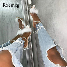 Load image into Gallery viewer, summer shoes woman pointed toe snake print high heels sexy feather women sandals ankle cross strap transparent clear heel