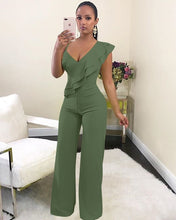 Load image into Gallery viewer, One Shoulder Ruffles Jumpsuits For Women Fashion V Neck Long Wide Leg Pants