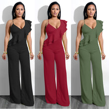 Load image into Gallery viewer, One Shoulder Ruffles Jumpsuits For Women Fashion V Neck Long Wide Leg Pants