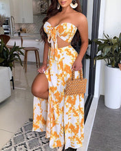 Load image into Gallery viewer, Printed Bandeau Sexy Strapless Crop Tops & Slit Maxi Skirts Set Summer Women Two Piece Set