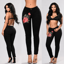 Load image into Gallery viewer, Stretch Embroidered Jeans For Women Elastic Flower Jeans Female Slim Denim Pants Hole Ripped Rose Pattern Jeans Pantalon Femme
