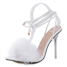 Load image into Gallery viewer, summer shoes woman pointed toe snake print high heels sexy feather women sandals ankle cross strap transparent clear heel