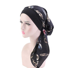 Load image into Gallery viewer, Fashion Women Vintage Elastic Cotton Night Sleeping Cap Printed Head Wrap Pre-Tied Turban Long Tail Chemo Cap Stretch Bandana