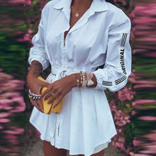 Load image into Gallery viewer, Office Lady Fashion Turn-Down Collar Shirt Dress Elegant Long Sleeve Letter Print Party Dress Autumn Zipper Mini Dress Vestidos