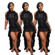 Load image into Gallery viewer, Adogirl Newest Women Sexy Ruffle Black Lace Dress See Through Sleeveless Bodycon Hi-Lo Floor Length Club Party Wear Vestidos