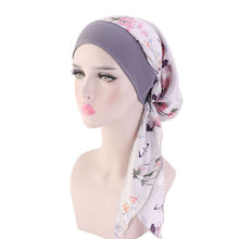Load image into Gallery viewer, Fashion Women Vintage Elastic Cotton Night Sleeping Cap Printed Head Wrap Pre-Tied Turban Long Tail Chemo Cap Stretch Bandana