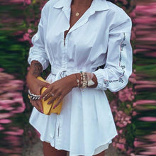 Load image into Gallery viewer, Office Lady Fashion Turn-Down Collar Shirt Dress Elegant Long Sleeve Letter Print Party Dress Autumn Zipper Mini Dress Vestidos