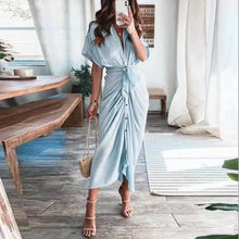 Load image into Gallery viewer, Fashion Turn-down Collar Draped Party Dresses Elegant Button Office Ladies Shirt Dress Women Summer Short Sleeve Slit Long Dress
