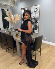 Load image into Gallery viewer, Adogirl Newest Women Sexy Ruffle Black Lace Dress See Through Sleeveless Bodycon Hi-Lo Floor Length Club Party Wear Vestidos