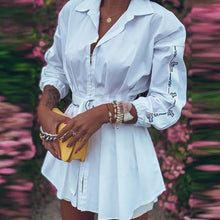 Load image into Gallery viewer, Office Lady Fashion Turn-Down Collar Shirt Dress Elegant Long Sleeve Letter Print Party Dress Autumn Zipper Mini Dress Vestidos