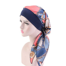 Load image into Gallery viewer, Fashion Women Vintage Elastic Cotton Night Sleeping Cap Printed Head Wrap Pre-Tied Turban Long Tail Chemo Cap Stretch Bandana