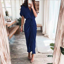 Load image into Gallery viewer, Fashion Turn-down Collar Draped Party Dresses Elegant Button Office Ladies Shirt Dress Women Summer Short Sleeve Slit Long Dress