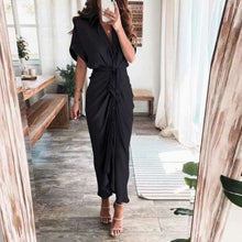 Load image into Gallery viewer, Fashion Turn-down Collar Draped Party Dresses Elegant Button Office Ladies Shirt Dress Women Summer Short Sleeve Slit Long Dress