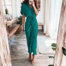 Load image into Gallery viewer, Fashion Turn-down Collar Draped Party Dresses Elegant Button Office Ladies Shirt Dress Women Summer Short Sleeve Slit Long Dress