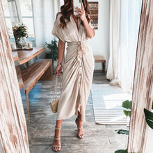 Load image into Gallery viewer, Fashion Turn-down Collar Draped Party Dresses Elegant Button Office Ladies Shirt Dress Women Summer Short Sleeve Slit Long Dress