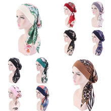 Load image into Gallery viewer, Fashion Women Vintage Elastic Cotton Night Sleeping Cap Printed Head Wrap Pre-Tied Turban Long Tail Chemo Cap Stretch Bandana