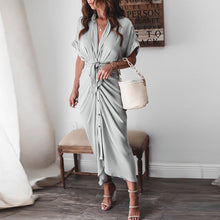 Load image into Gallery viewer, Fashion Turn-down Collar Draped Party Dresses Elegant Button Office Ladies Shirt Dress Women Summer Short Sleeve Slit Long Dress