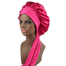 Load image into Gallery viewer, Women Satin Bonnet Spandex Wide Stretchy Band Long Tail Bonnet Satin Cheveux Nuit Silk Sleeping Night Cap Bonnets for Women