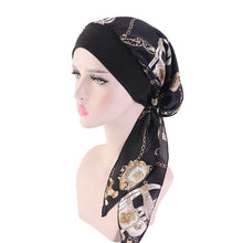 Load image into Gallery viewer, Fashion Women Vintage Elastic Cotton Night Sleeping Cap Printed Head Wrap Pre-Tied Turban Long Tail Chemo Cap Stretch Bandana