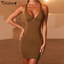 Load image into Gallery viewer, Totatoop Lace Up V Neck Ruched Bodycon Mini Dress Women 2020 Summer Hollow Out Ruffles Sundress Beachwear Vestidos
