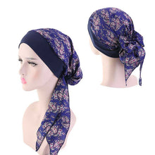 Load image into Gallery viewer, Fashion Women Vintage Elastic Cotton Night Sleeping Cap Printed Head Wrap Pre-Tied Turban Long Tail Chemo Cap Stretch Bandana