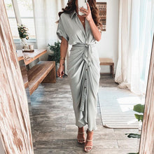 Load image into Gallery viewer, Fashion Turn-down Collar Draped Party Dresses Elegant Button Office Ladies Shirt Dress Women Summer Short Sleeve Slit Long Dress