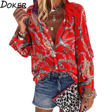 Load image into Gallery viewer, 2020 New Design Plus Size Women Blouse V-neck Long Sleeve Chains Print Loose casual Shirts Womens Tops And Blouses