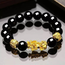 Load image into Gallery viewer, 1pc Obsidian Stone Beads Chakra Bracelet Feng Shui Unisex Wristband Gold Black Pixiu Wealth Good Luck Women Charms Bracelet 23cm