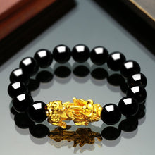 Load image into Gallery viewer, 1pc Obsidian Stone Beads Chakra Bracelet Feng Shui Unisex Wristband Gold Black Pixiu Wealth Good Luck Women Charms Bracelet 23cm