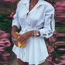 Load image into Gallery viewer, Office Lady Fashion Turn-Down Collar Shirt Dress Elegant Long Sleeve Letter Print Party Dress Autumn Zipper Mini Dress Vestidos