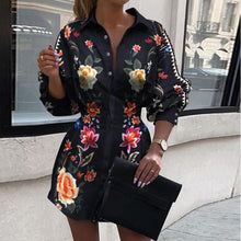Load image into Gallery viewer, Office Lady Fashion Turn-Down Collar Shirt Dress Elegant Long Sleeve Letter Print Party Dress Autumn Zipper Mini Dress Vestidos