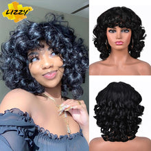 Load image into Gallery viewer, Short Hair Afro Curly Wig With Bangs Loose Synthetic Cosplay Fluffy Shoulder Length Natural Wigs For Black Women Dark Brown 14"