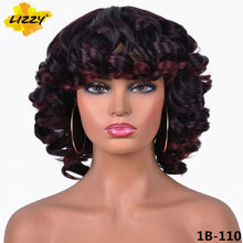 Load image into Gallery viewer, Short Hair Afro Curly Wig With Bangs Loose Synthetic Cosplay Fluffy Shoulder Length Natural Wigs For Black Women Dark Brown 14"