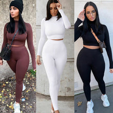 Load image into Gallery viewer, Two Piece Sets Women Solid Autumn Tracksuits High Waist Stretchy Sportswear Hot Crop Tops And Leggings Matching Outfits