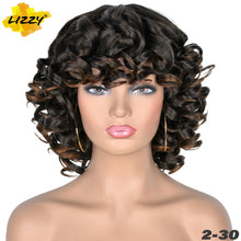 Load image into Gallery viewer, Short Hair Afro Curly Wig With Bangs Loose Synthetic Cosplay Fluffy Shoulder Length Natural Wigs For Black Women Dark Brown 14"
