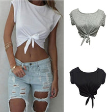 Load image into Gallery viewer, Summer Women Knotted Tie Front Crop Tops Cropped T Shirt Casual Blouse Tanks camis Knotted Tie Front Crop Tops ropa mujer