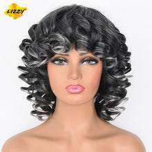 Load image into Gallery viewer, Short Hair Afro Curly Wig With Bangs Loose Synthetic Cosplay Fluffy Shoulder Length Natural Wigs For Black Women Dark Brown 14"