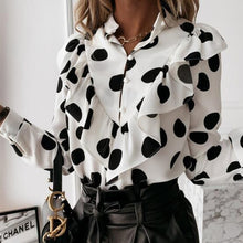 Load image into Gallery viewer, Women Elegant Ruffle Blouse Shirts Polka Dot Leopard Blouses Femme 2021 Summer V-Neck Long Sleeve Casual Tops Plus Size Women