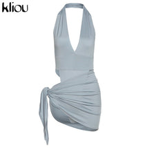 Load image into Gallery viewer, Kliou Solid Deep V sexy Two Piece Sets Midnight Club Halter Top And Skirt Backless Summer Partywear Hollow Out Ruched Women Set