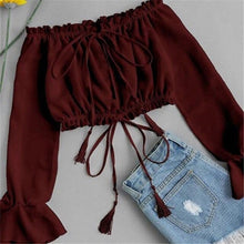 Load image into Gallery viewer, Summer Women Sexy Off Shoulder Chiffon Long Sleeve Floral Print T-Shirt Hot Sale Spring Cropped Tops Fashionable 2020 Clothes