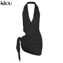 Load image into Gallery viewer, Kliou Solid Deep V sexy Two Piece Sets Midnight Club Halter Top And Skirt Backless Summer Partywear Hollow Out Ruched Women Set