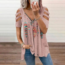Load image into Gallery viewer, V Neck Zipper Short Sleeve Top Summer Sexy Women Printed Hollow Out T Shirt Fashion Loose Off Shoulder Casual Plus Size Shirts