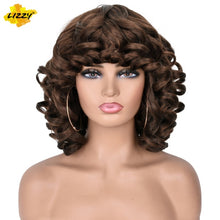 Load image into Gallery viewer, Short Hair Afro Curly Wig With Bangs Loose Synthetic Cosplay Fluffy Shoulder Length Natural Wigs For Black Women Dark Brown 14"