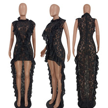 Load image into Gallery viewer, Adogirl Newest Women Sexy Ruffle Black Lace Dress See Through Sleeveless Bodycon Hi-Lo Floor Length Club Party Wear Vestidos
