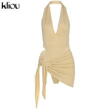 Load image into Gallery viewer, Kliou Solid Deep V sexy Two Piece Sets Midnight Club Halter Top And Skirt Backless Summer Partywear Hollow Out Ruched Women Set