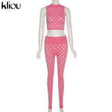 Load image into Gallery viewer, Kliou See Through Hollow Out Two Piece Sets Sexy Women Streetwear Short Sleeve Top+Leggings Skinny Slim Net Plaid Hole Set