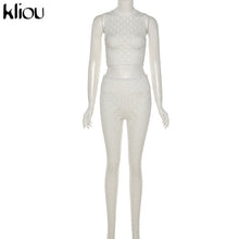 Load image into Gallery viewer, Kliou See Through Hollow Out Two Piece Sets Sexy Women Streetwear Short Sleeve Top+Leggings Skinny Slim Net Plaid Hole Set