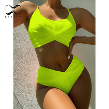 Load image into Gallery viewer, 2021 Neon green swimsuit women Sexy bandeau bikini set High cut swimwear Sport solid swimming suit Sexy bathing suit Beach wear