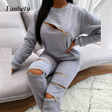 Load image into Gallery viewer, Fashion New Zipper Hollow Out Two-Piece Set Autumn Winter Women Elegant O-Neck Tops And Casual Long Pant Ladies Streetwear Suits